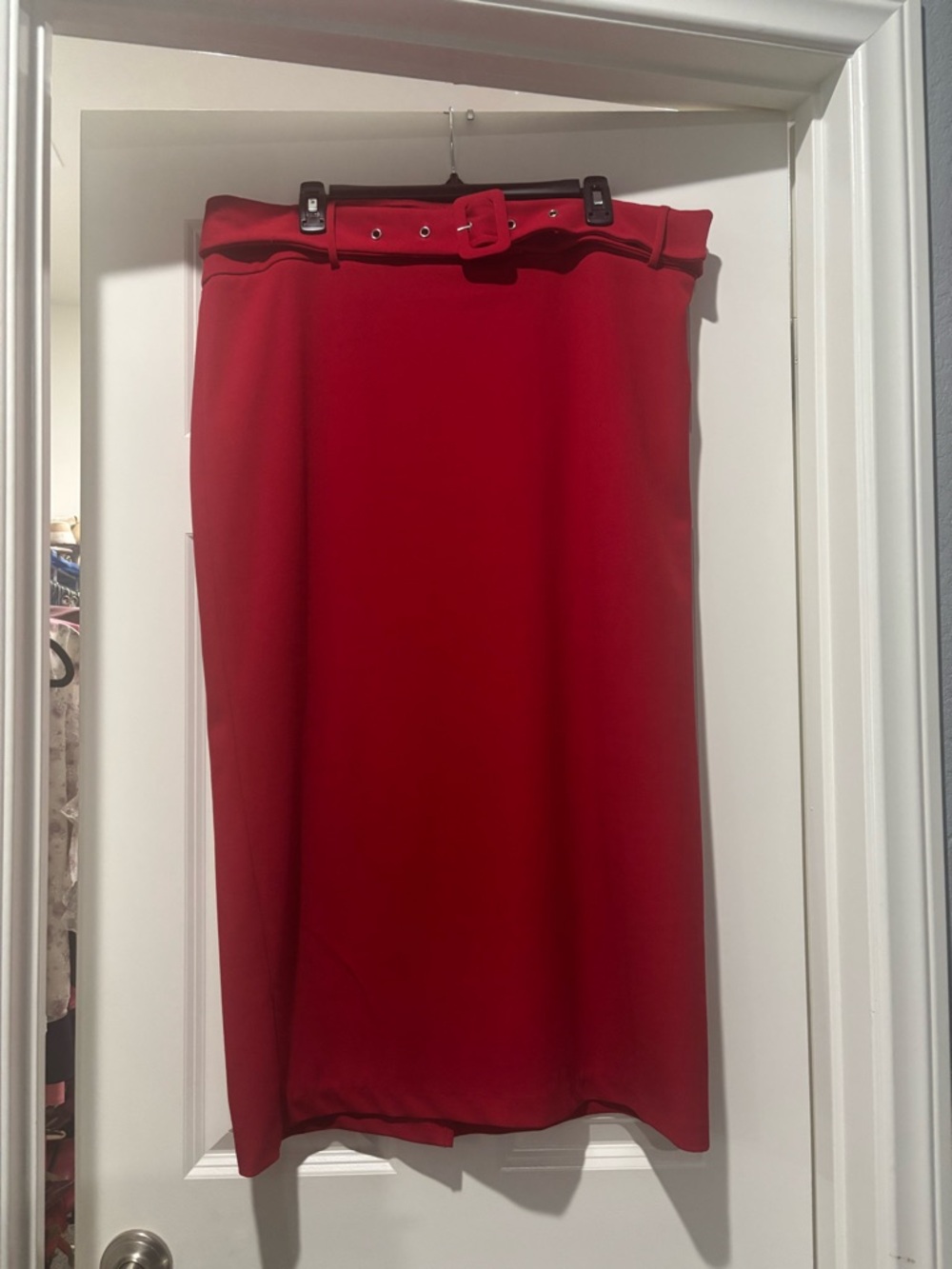 Ashley Stewart  Red straight Skirt with buckled belt and back slit.
Size 18/20
